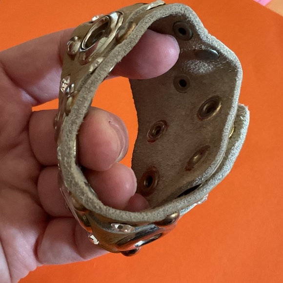 Designer Genuine Leather Stud/Rhinestone Tan silver metal Unisex Bracelet - Picture 7 of 13